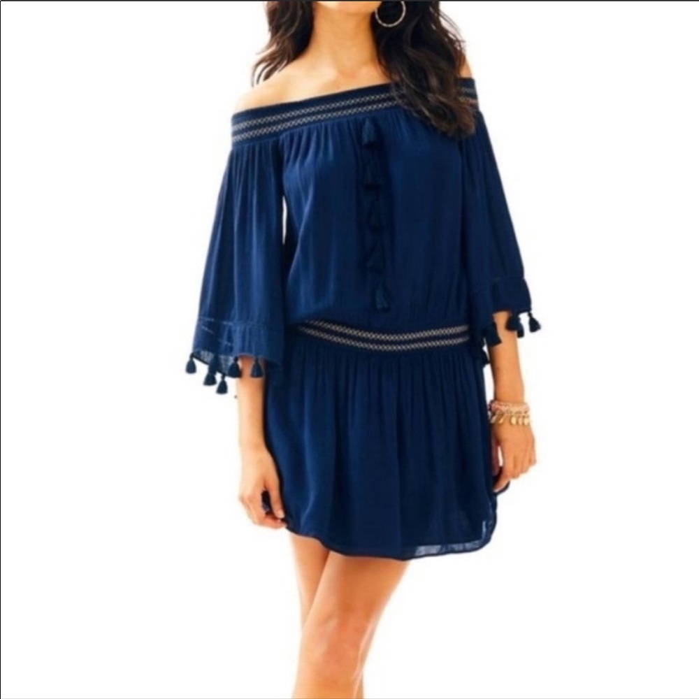 Lilly Pulitzer Joelle Navi gauze mini off shoulder dress EUC small‎